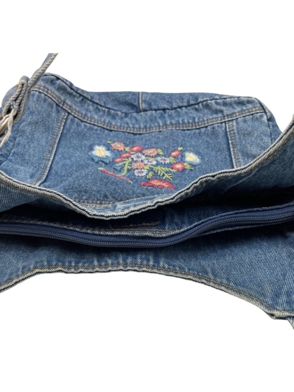 Denim Shoulder Bag With Floral Embroidery Blue Casual Everyday Tote - Picture 6 of 13